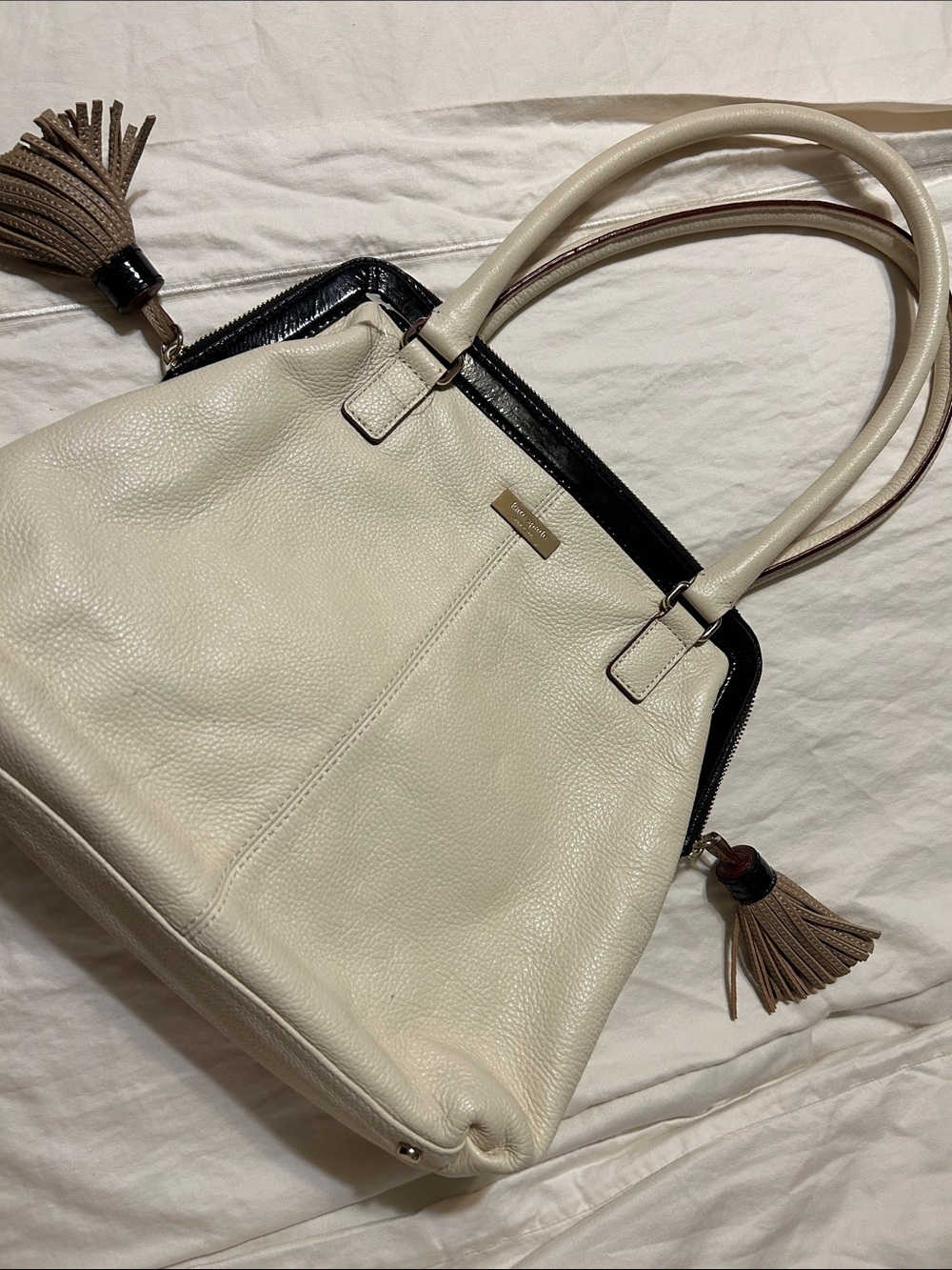 kate spade Cream and Black Leather Shoulder Bag with Taupe Tassels